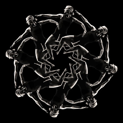 A black and white kaleidoscope-like image featuring multiple figures of a dancer in athletic wear, arranged in a circular pattern with limbs extended, creating a symmetrical design against a black background.